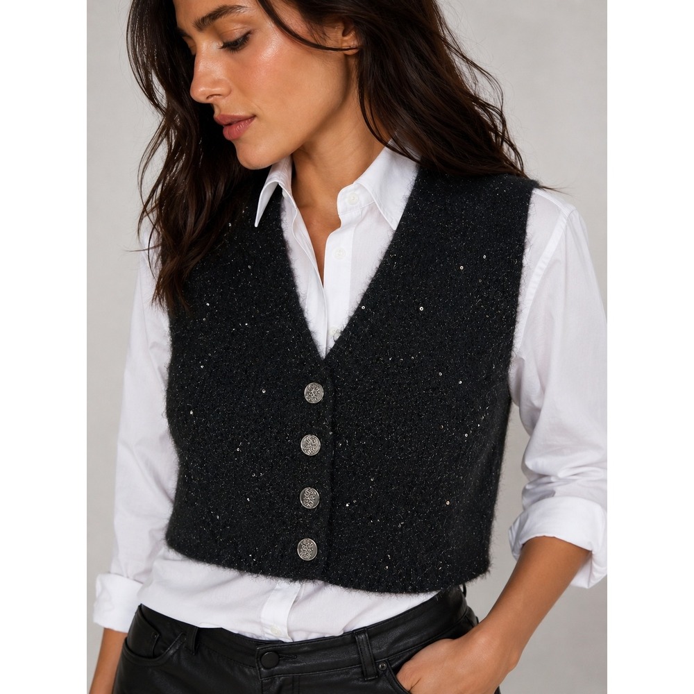 Sandro Button Front Sweater Vest Size 1 Black Metallic Sequin Croppedβ Knit